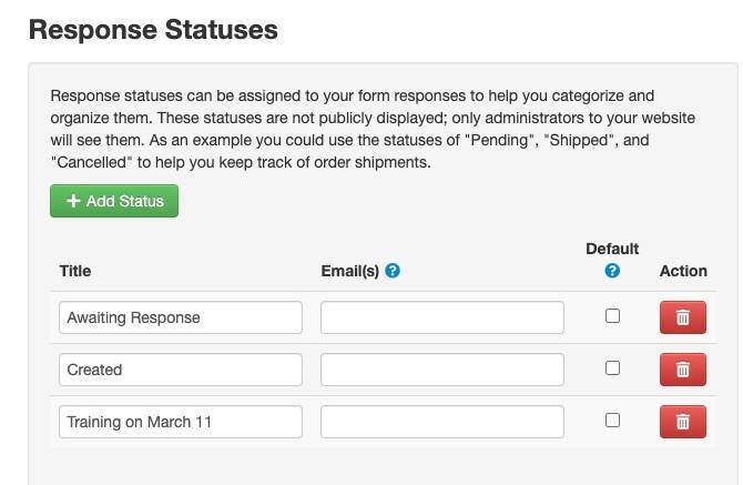 Screenshot of the default checkboxes in the Form Builder responses